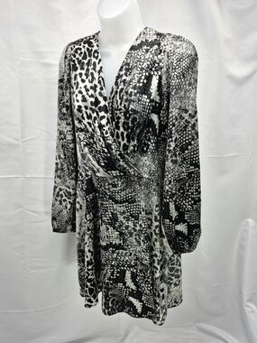 NWOT Express Mixed Animal Print Long Sleeve Faux Wrap Mini Dress - Large Sheer